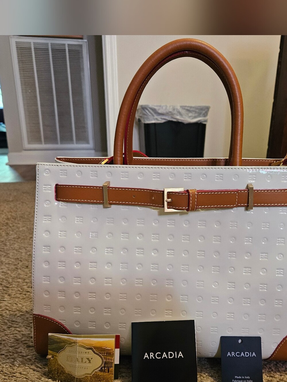 Arcadia White and Tan Patent Leather HandBag